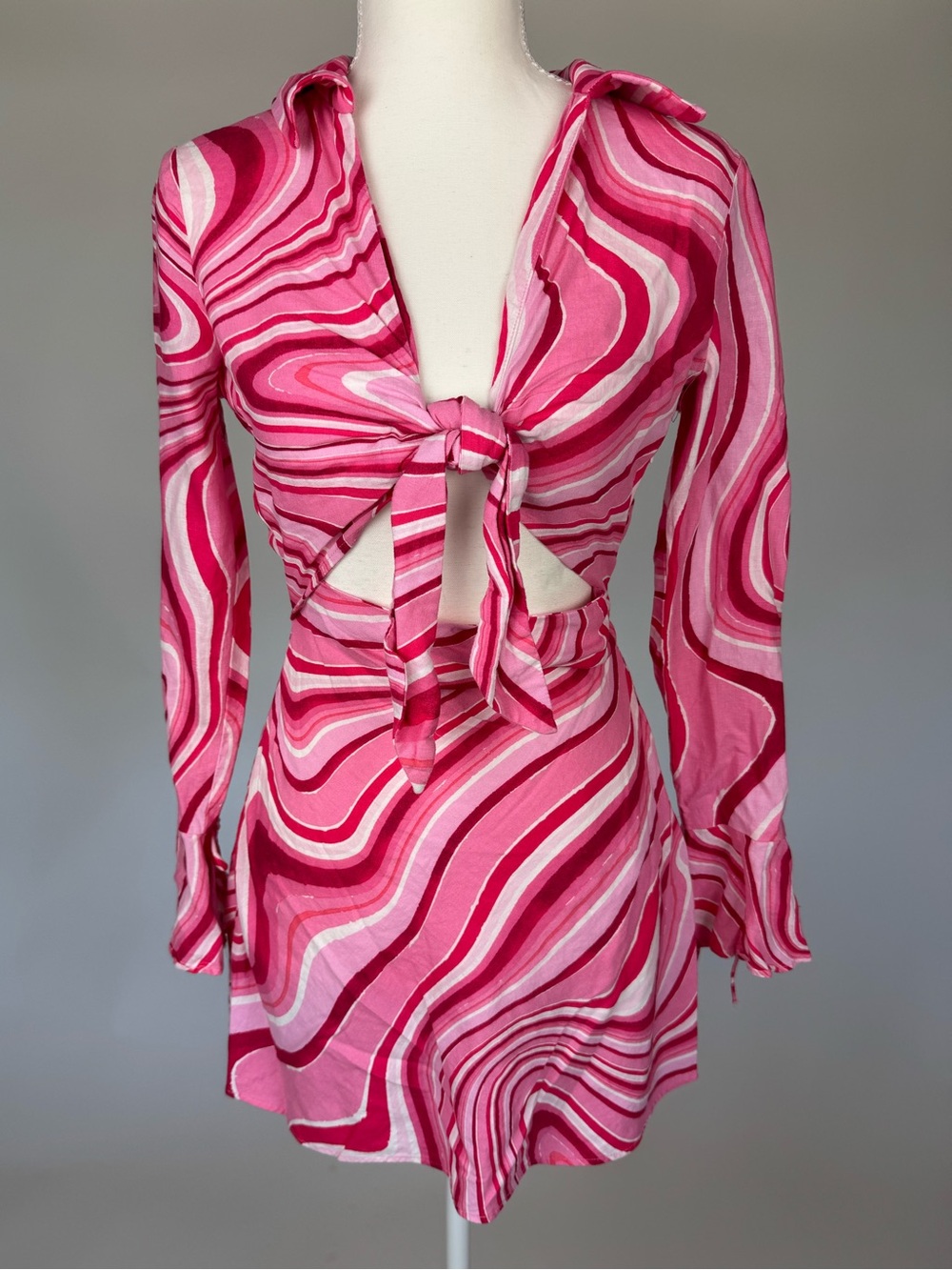 Zara Pink Swirl Cutout Tie Front Mini Dress XS Retro Mod Barbiecore